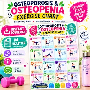 May include: A printable exercise chart titled Osteoporosis & Osteopenia Exercise Chart featuring sixteen numbered illustrations of physical movements, text instructions, and motivational phrases, accompanied by a pink dumbbell and a clear water bottle.
