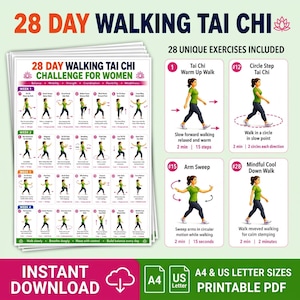 Puede incluir: Un gráfico de desafío de Tai Chi caminando de 28 días con una cuadrícula de 28 ilustraciones de ejercicios numeradas con instrucciones. El documento incluye un desglose semanal, descripciones de movimientos y una sección de descarga instantánea.