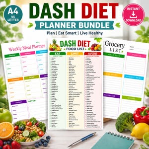 May include: A Dash Diet planner bundle featuring a weekly meal planner, a food list with eat, limit, and avoid categories, and a grocery list. The documents include text headers, colorful grid sections, and lists of food items for dietary tracking.