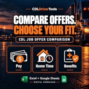 May include: A digital download tool for CDL drivers featuring the text COMPARE OFFERS. CHOOSE YOUR FIT. CDL JOB OFFER COMPARISON. Icons represent Pay, Home Time, and Benefits. Includes Excel and Google Sheets compatibility for job comparison.