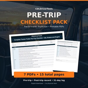Truck Driver Pre-Trip Checklist PDF | Printable Tractor-Trailer Inspection, Post-Trip DVIR & 31-Day Log