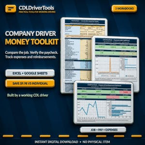 Op de afbeelding: Een digitale toolkit voor CDL-chauffeurs met drie werkmappen voor Excel en Google Sheets. De interface toont een systeem voor het vergelijken van vacatures, een dashboard voor looncontrole en een dashboard voor onkosten en vergoedingen.