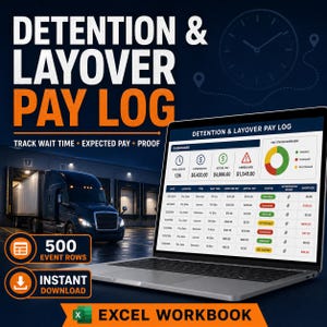Puede incluir: Un libro de trabajo de Excel digital Detention & Layover Pay Log en la pantalla de una computadora portátil. La interfaz muestra un panel con eventos totales, pagos esperados y reales, y un gráfico. Un camión está estacionado en un muelle de carga.