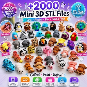 May include: A collection of over 2000 mini 3D STL files featuring various colorful animal figures. The image displays numerous small, articulated creatures including monkeys, penguins, elephants, tigers, and turtles, all designed for 3D printing.