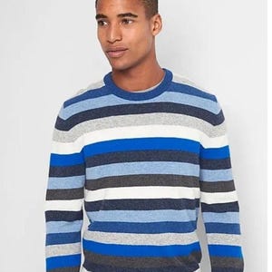 Vintage Gap Pullover mit verrückten Streifen aus Merinowolle, blau-grau, Y2K, 90er-Jahre-Grunge-Skater