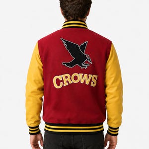 Men's Crows Varsity Jacket, Red Yellow Letterman Jacket, Bird Patch College Bomber Jacket, Retro Baseball Jacket for Men