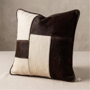 Luxe Patchwork Cowhide Linen Throw Pillow Dark Brown & Beige Accent Cushion for Modern Rustic Decor (2Pcs)