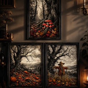 Vintage Autumn Wall Art Set of 3, Dark Academia Fall Printables, Gothic Pumpkin Scarecrow Mushroom Prints, Moody Halloween Decor Bundle
