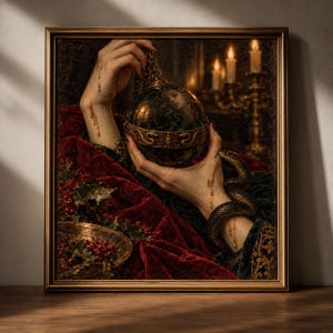 May include: A framed oil painting depicting two hands holding a dark, ornate spherical object with a snake coiled around one wrist. The scene features deep red velvet fabric, holly berries, and a golden candelabra in the background, all encased in a gold frame.