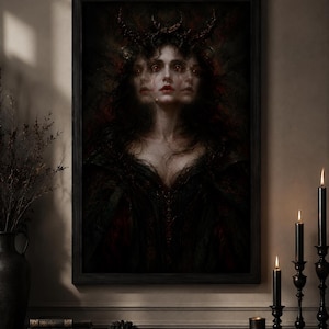 Peut inclure: Une impression d'art murale encadrée représentant un portrait sombre et éthéré d'une figure à trois visages, aux yeux rouges brillants et portant une couronne de cornes sombres et torsadées, vêtue d'un vêtement noir texturé sur fond sombre.