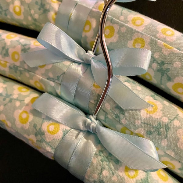 Padded Clothes Hangers, Pretty White and Yellow Floral on Lite Turquoise. Wedding Present. Muted Colors. Bridesmaid Gift. Closet Organizer.