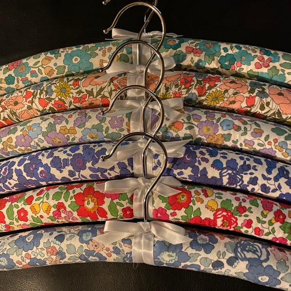 Padded hangers Liberty of London assorted bold pastel Betsy Tana Lawn fabric padded clothes hangers six closet dress hangers Fragrance Free