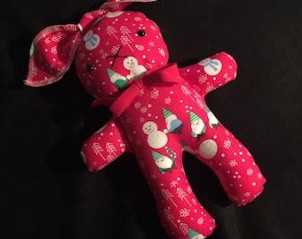 Holiday Bunny to Hug Red Flannel with Gnomes Flannel Stuffed Animal Washable Holiday Bunny