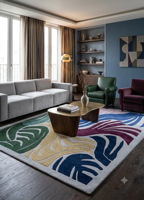 Hand Tufted Abstract Area Rug, Colorful Modern Leaf Pattern Wool Rug, Mid Century Organic Shape Aesthetic Rug  Living Room, Boho Home Decor