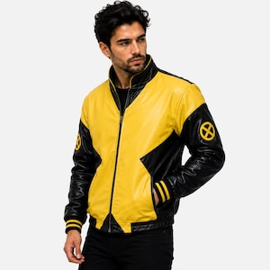 May include: A black and yellow leather jacket featuring a high collar, a full-length front zipper, and long sleeves with ribbed cuffs. The jacket displays a circular yellow X-Men logo on each upper sleeve and a bold color-blocked design.