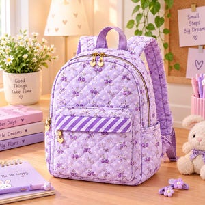 Peut inclure: Un sac à dos matelassé lavande orné d'un motif répétitif de petites cerises violettes et de fleurs blanches. Le sac comprend une poche avant zippée avec une bordure rayée en diagonale, des fermetures dorées en forme de cœur et des bretelles rembourrées.