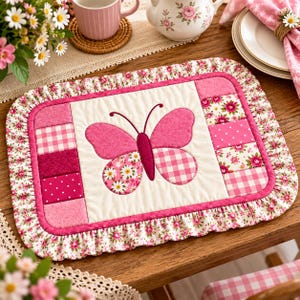 May include: A rectangular quilted placemat featuring a central butterfly appliqué with pink, white, and floral patterned fabric sections. The placemat is bordered by a ruffled edge with a pink floral print and includes patchwork side panels.