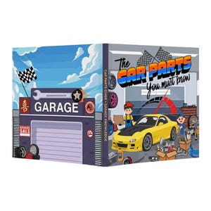 May include: A square book titled The Car Parts You Must Know featuring a yellow sports car in a garage setting on the cover. The spine displays the text Car Parts Guide Garage Knowledge. The artwork includes cartoon characters and auto parts.
