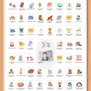 Peut inclure: Une affiche encadrée intitulée MES PREMIERES FOIS Milann présentant une grille de petites illustrations de dessins animés colorés illustrant diverses étapes de bébé, avec des légendes en français et une photo centrale d'un bébé.