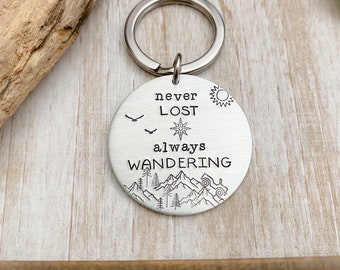 Never Lost, Always Wondering Stamped Keychain, Mountain Keychain, Compass Keychain, 4 Wheeling Gift, Mud Truck Keychain, Sweet 16 Keychain