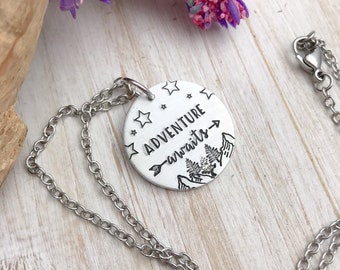 Adventure awaits necklace--Graduation necklace--Travel Necklace--Adventure Jewelry--Mountain Necklace--Adventure gift