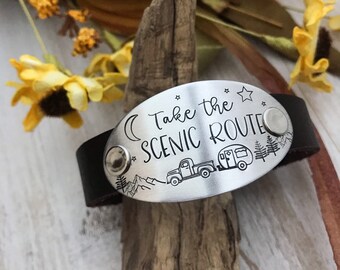 Take the SCENIC ROUTE leather cuff bracelet--explorer gift--mountain jewelry-- adjustable leather bracelet--adventure jewelry--mountain