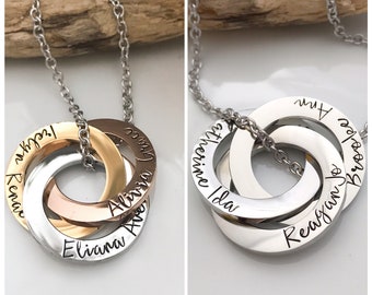 3 Ring necklace--Mothers Name Necklace--Interlocking Ring Necklace