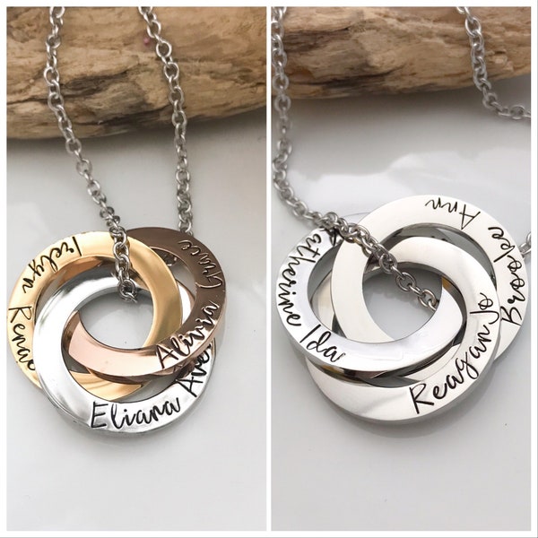 3 Ring necklace--Mothers Name Necklace--Interlocking Ring Necklace