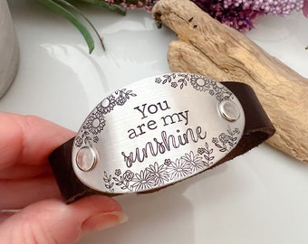 You are my sunshine—leather cuff bracelet—handstamped bracelet