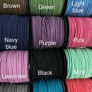 May include: Spools of suede cord in various colors, including brown, green, light blue, navy blue, purple, pink, lavender, black, mint, gray, teal, and coral.