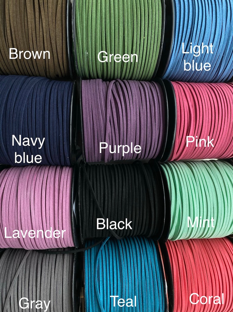 May include: Spools of suede cord in various colors, including brown, green, light blue, navy blue, purple, pink, lavender, black, mint, gray, teal, and coral.