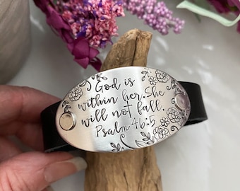 God is within her, she will not fall bracelet--Psalm 46:5 Jewelry--Leather Cuff Bracelet