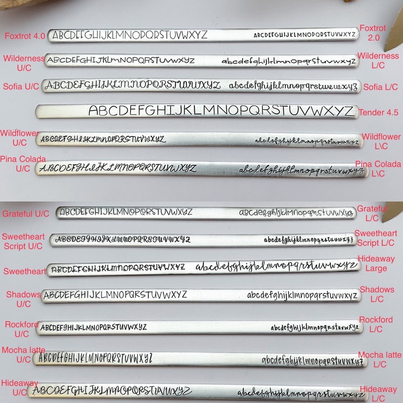 May include: A close-up of a silver metal bar with the alphabet printed on it. The bar is labeled with different names, such as "Foxtrot", "Wilderness", "Sofia", "Wildflower", "Pina Colada", "Grateful", "Sweetheart", "Shadows", "Rockford", "Mocha latte", and "Hideaway".