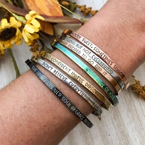 Customized inspirational mantra cuff braceletpersonalizedchoose your quotequote braceletstainless steel cuffencouragement bracelet image 1