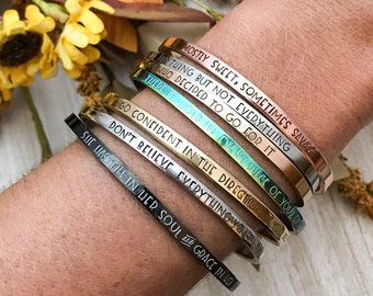 Customized inspirational mantra cuff bracelet--personalized--choose your quote--quote bracelet--stainless steel cuff--encouragement bracelet