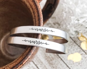 NURSE bracelet--nurse jewelry--nurse gift--heartbeat jewelry--hand stamped skinny silver mantra cuff bracelet--christmas gift--gift for her