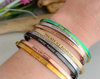 Customized inspirational mantra cuff bracelet--personalized--choose your quote--quote bracelet--stainless steel cuff--encouragement bracelet