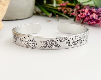 Layering Bracelet--Stacking Bracelet--Layered Cuff--Floral Stamped Bracelet--Wedding Jewelry--Flower Cuff Bracelet