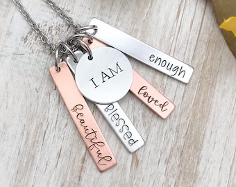 I am enough. I am beautiful. I am blessed. I am loved--quote necklace--i am jewelry--motivational jewelry--encouragement gift--mixed metal