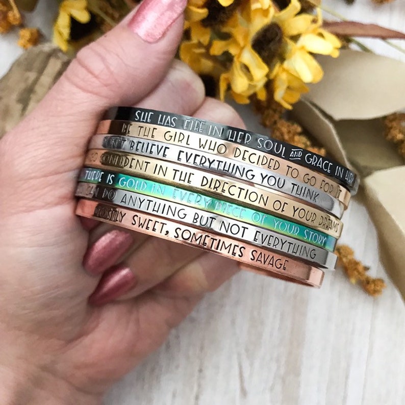 Customized inspirational mantra cuff braceletpersonalizedchoose your quotequote braceletstainless steel cuffencouragement bracelet image 4