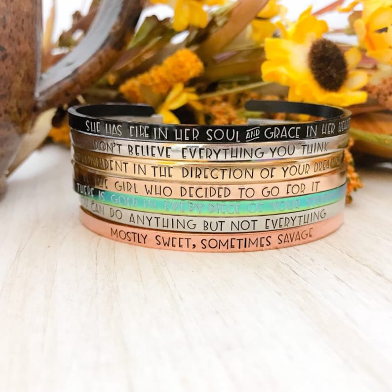 Customized inspirational mantra cuff braceletpersonalizedchoose your quotequote braceletstainless steel cuffencouragement bracelet image 6