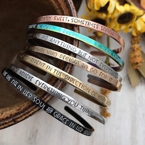 Customized inspirational mantra cuff braceletpersonalizedchoose your quotequote braceletstainless steel cuffencouragement bracelet image 3