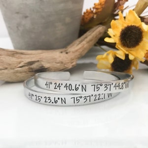 Coordinate bracelet--coordinates jewelry--location bracelet--hand stamped cuff bracelet--skinny silver