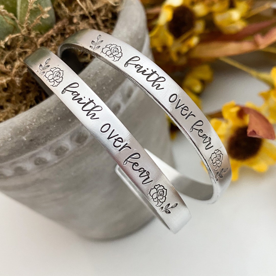 FAITH OVER FEAR Bracelet--faith Bracelet--gift for Her--skinny Silver ...