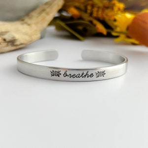 Breathe hand stamped cuff bracelet--breathe bracelet--Gift for Her--skinny silver mantra bracelet--christmas gift--birthday gift