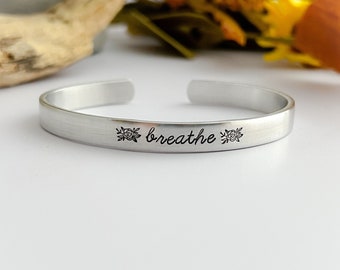 Breathe hand stamped cuff bracelet--breathe bracelet--Gift for Her--skinny silver mantra bracelet--christmas gift--birthday gift