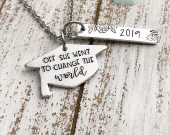 Off she went to change the world--class of 2019--graduation 2019--graduation gift--graduation necklace--gift for grad