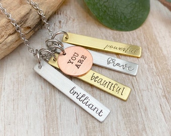 You are beautiful, powerful, brilliant, brave necklace--hand stamped encouragement necklace--