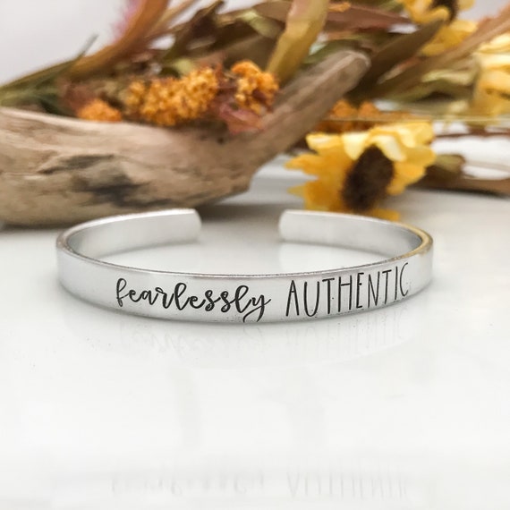 FEARLESSLY AUTHENTIC Hand Stamped Mantra Cuff Braceletstrong Woman Inspirational Jewelry skinny Silver Birthday Gift Friend Jewelry Etsy