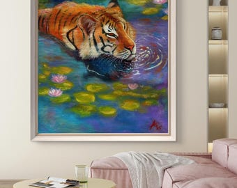 inramat giclée-konsttryck - tiger i lotusdamm